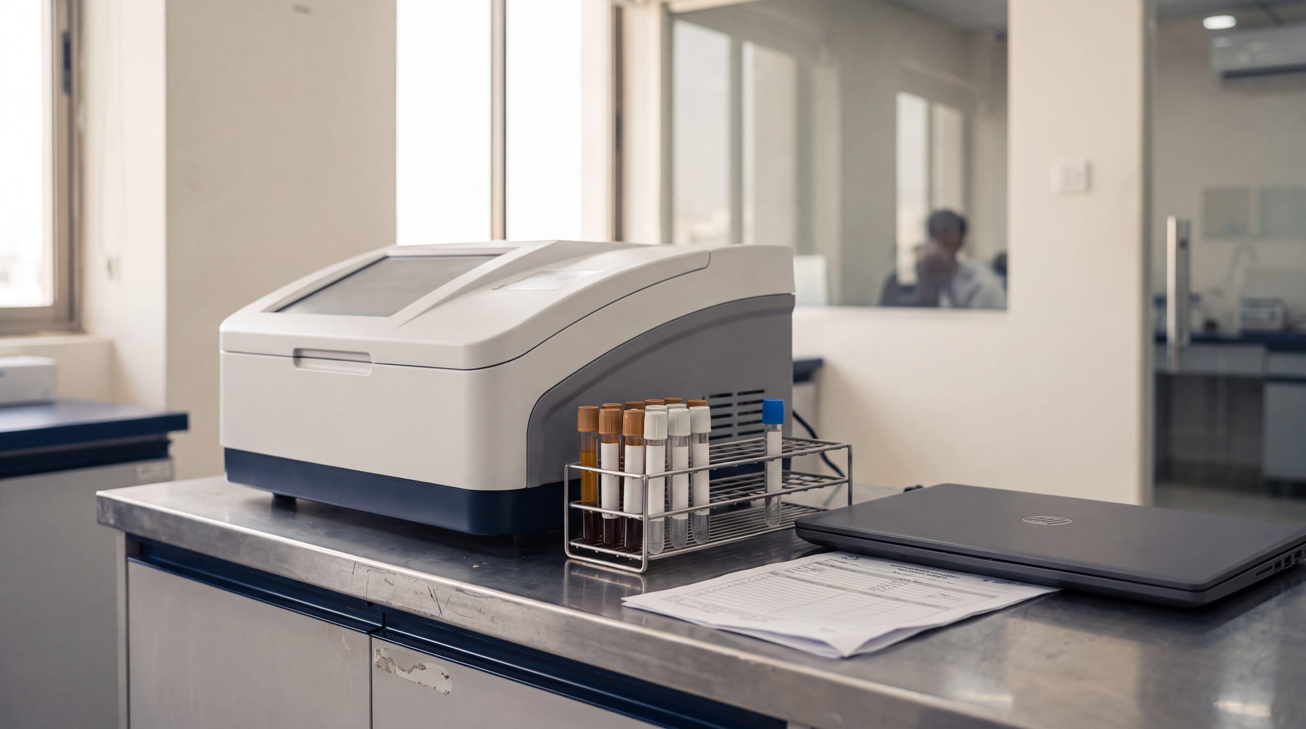 A clinical chemistry bench in daylight, with a benchtop analyzer and a rack of capped collection tubes.