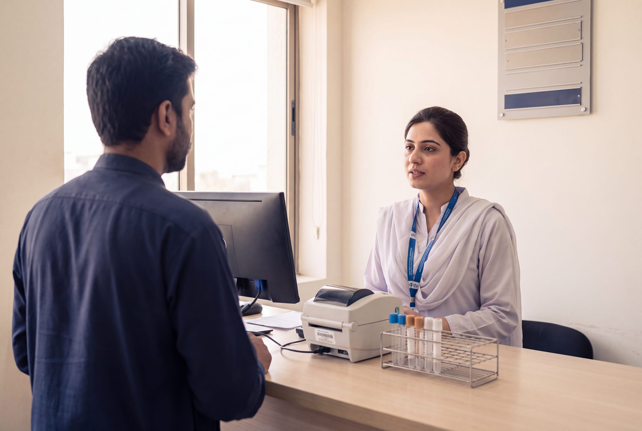 A laboratory receptionist at a counter, speaking with a patient, a label printer and empty tubes beside her.